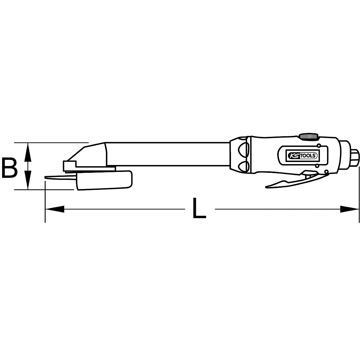 Draufsicht auf ein KS TOOLS Druckluftwerkzeug. Mit Längen- und Breitenangabe B und L.